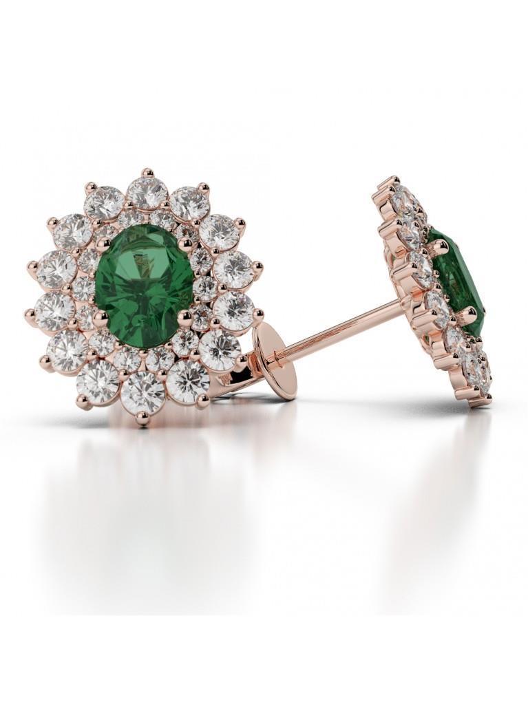 Flower style emerald and diamonds studs earrings gold 14k 5.50 ct