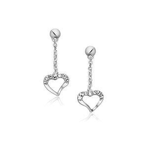 14k White Gold Sparkle Texture Heart Dangle Earrings