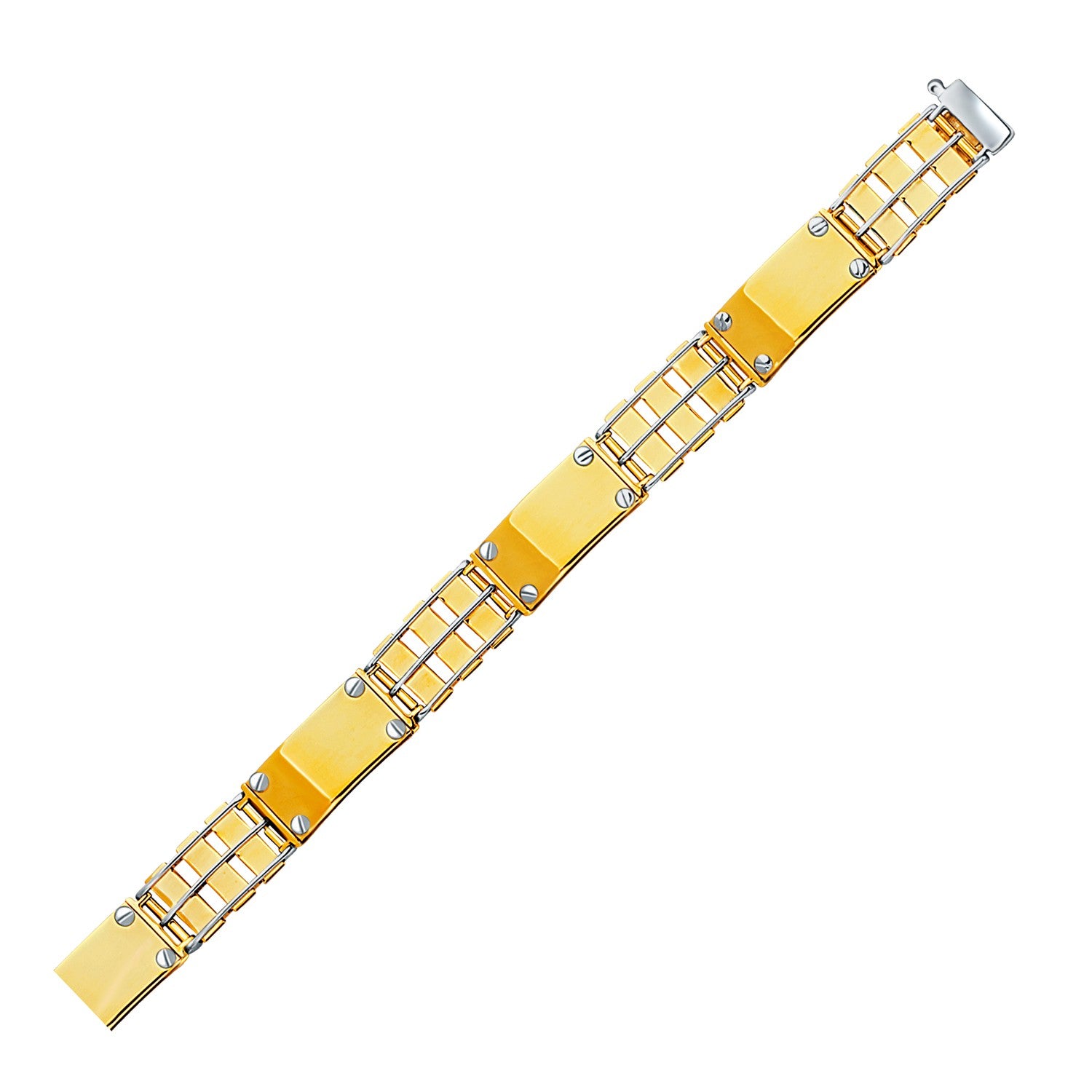 14k Two-Tone Gold Men's Bracelet with Screw Embellished Bar Links