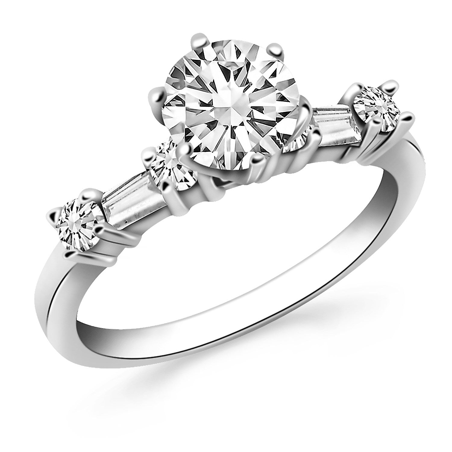 14k White Gold Engagement Ring with Round and Baguette Diamonds