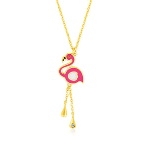 14k Yellow Gold Childrens Necklace with Enameled Flamingo Pendant