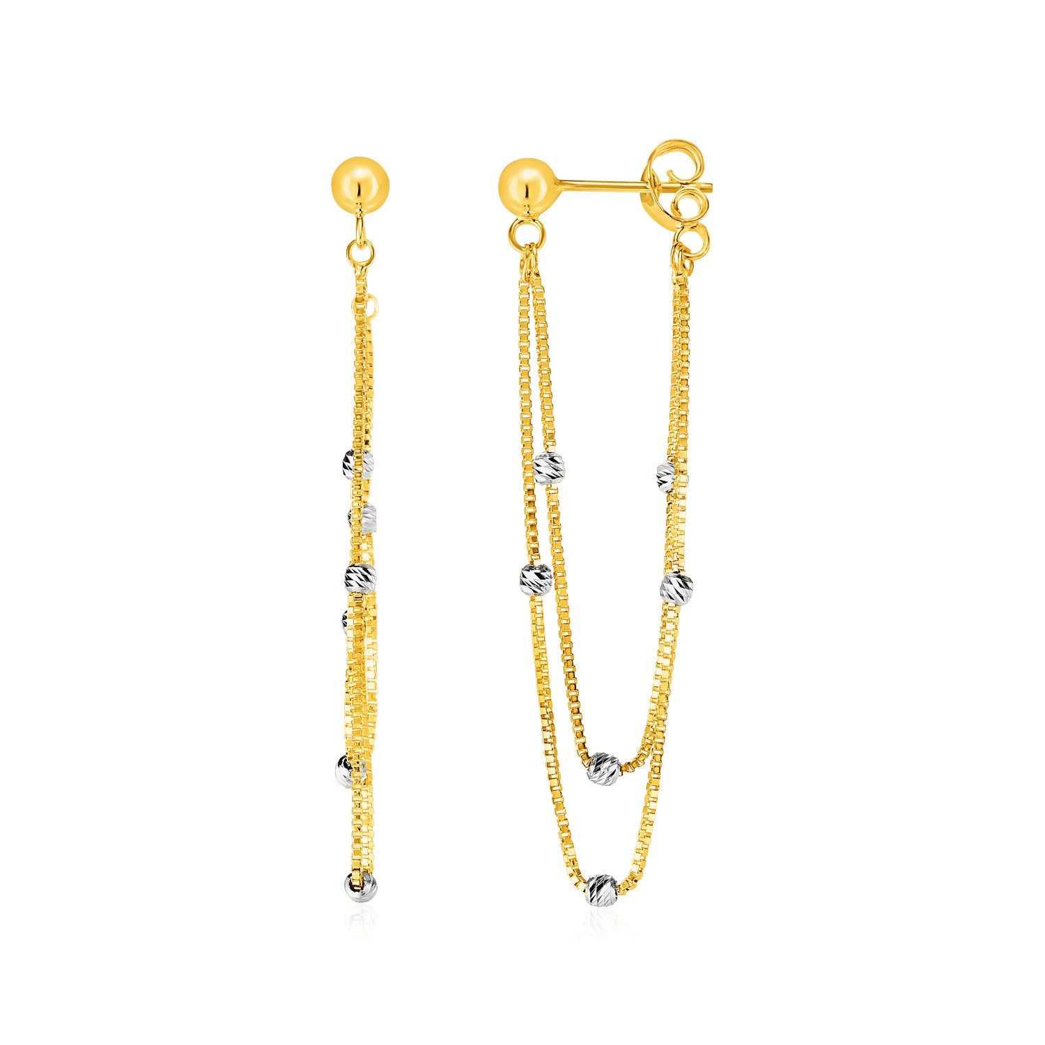 Hanging Chain Post Earrings with Bead Accents in 14k Yellow and