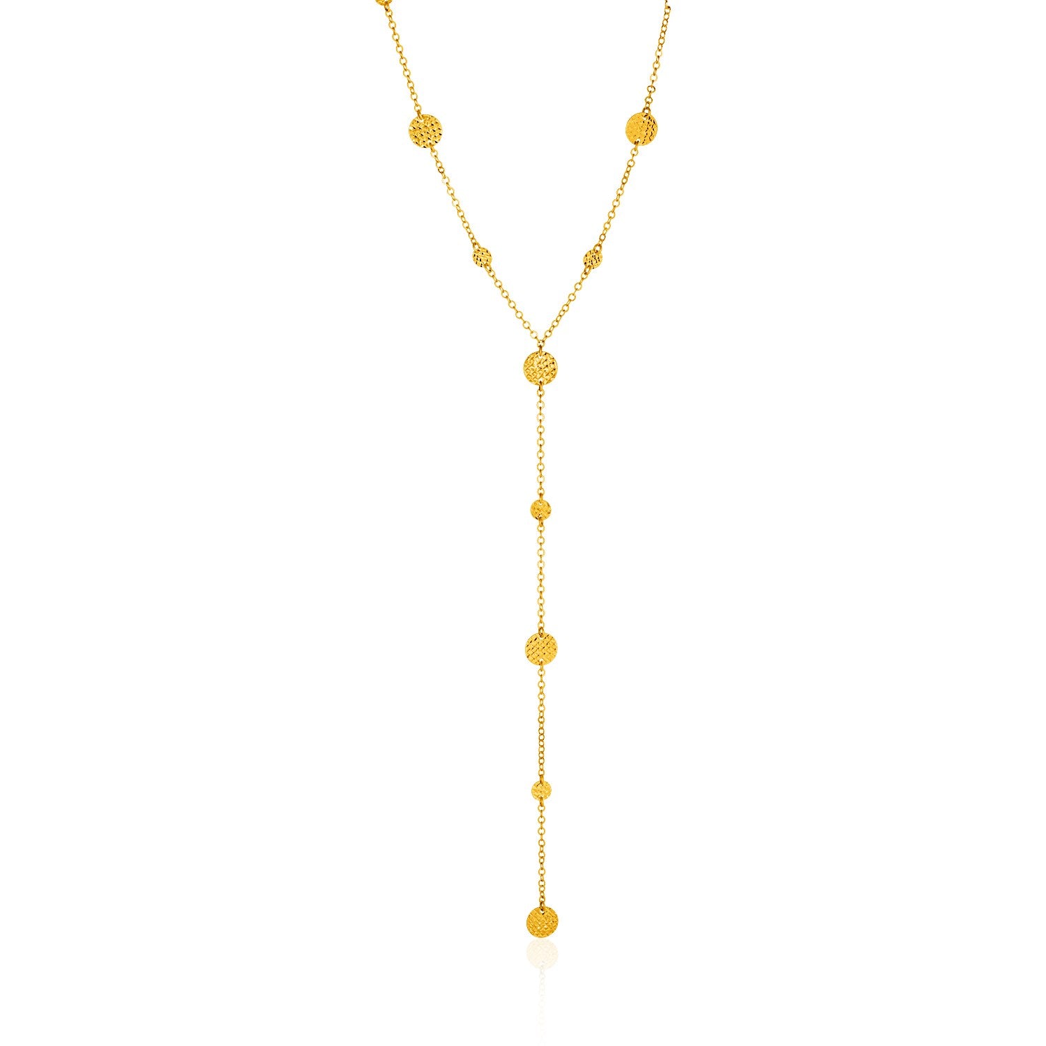 14k Yellow Gold Lariat Necklace with Textured Flat Circles