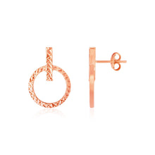 14k Rose Gold Textured Circle and Bar Post Earrings