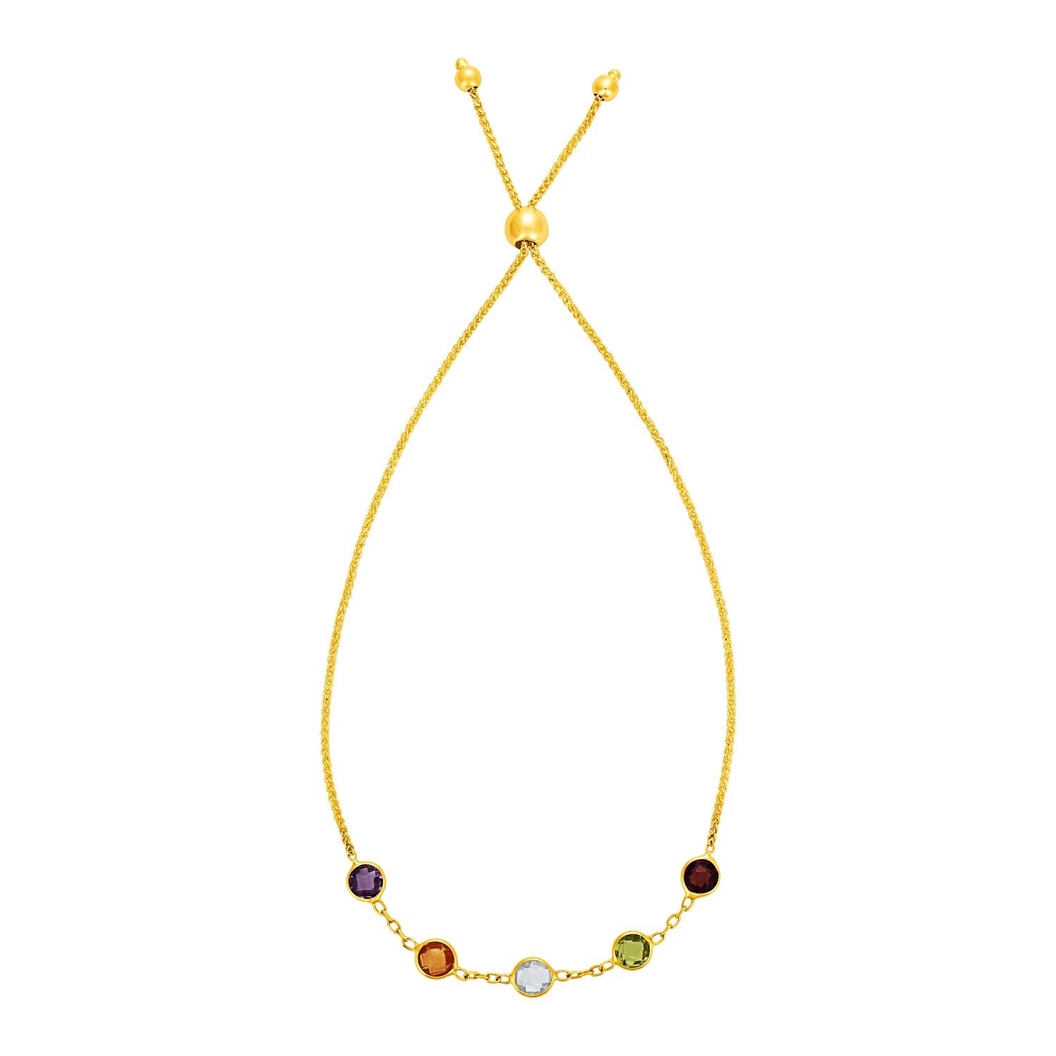 Adjustable Bracelet with Multicolored Small Round Gemstones in 14k Yellow Gold