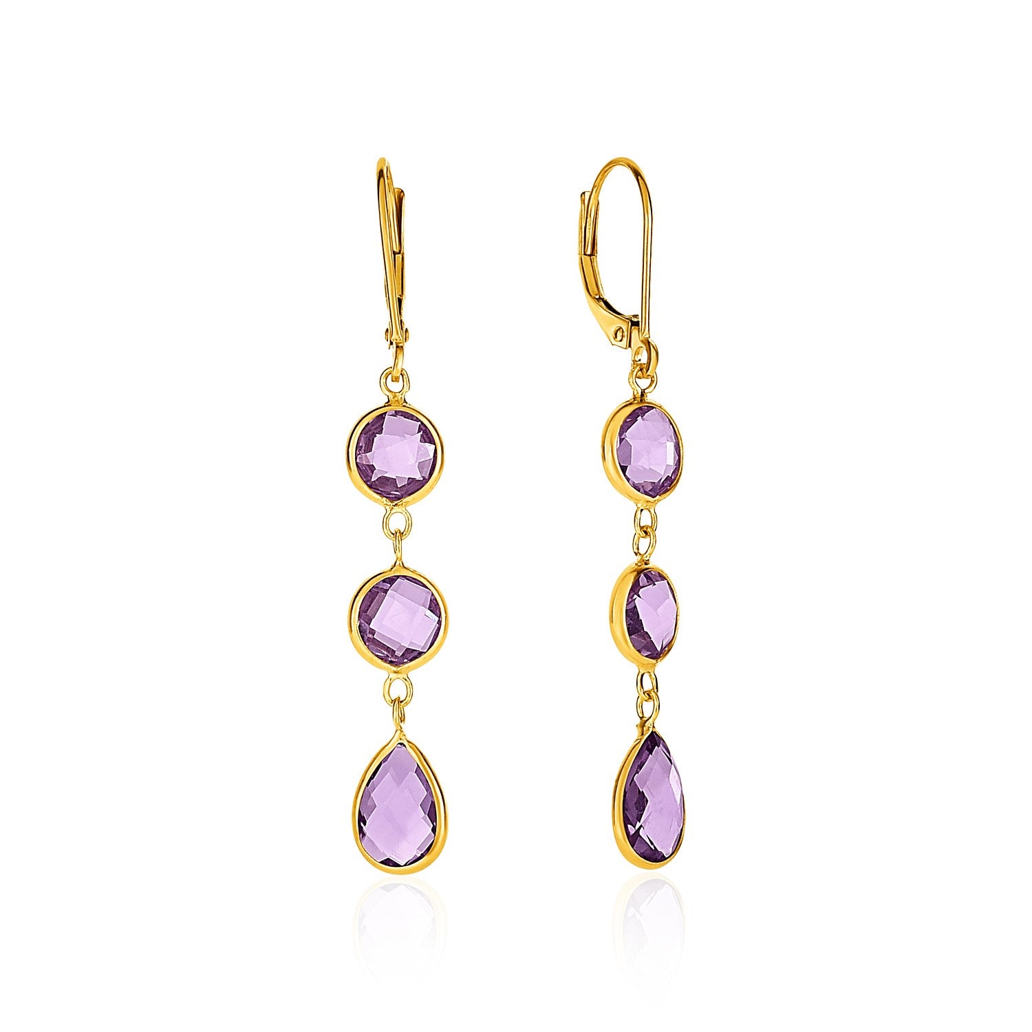 Drop Earrings with Round and Pear-Shaped Amethysts in 14k Yellow Gold