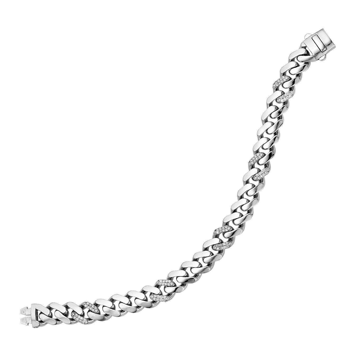 14k White Gold Polished Curb Chain Bracelet with Diamonds