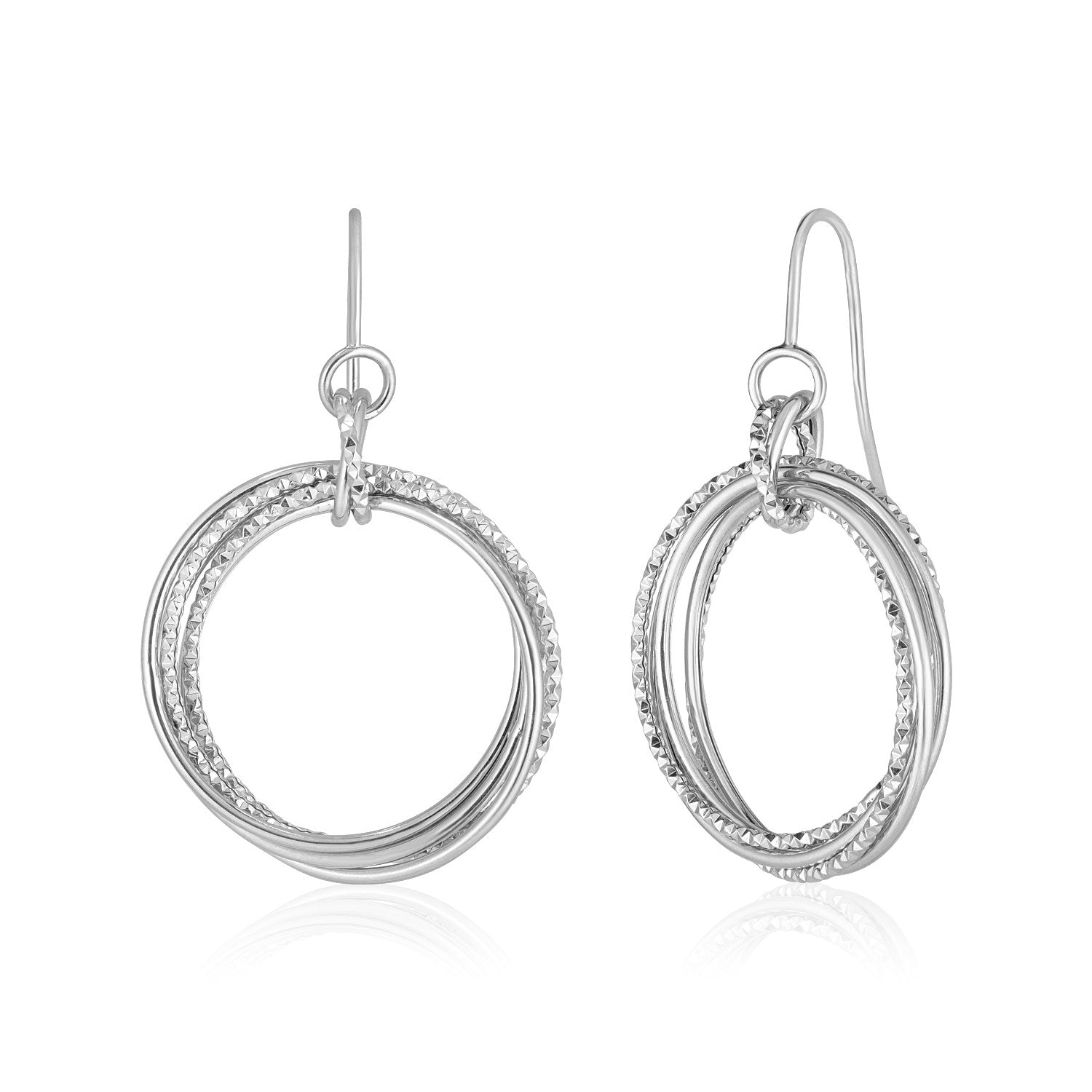 14k White Gold Earrings with Polished and Textured Interlocking Circle Dangles
