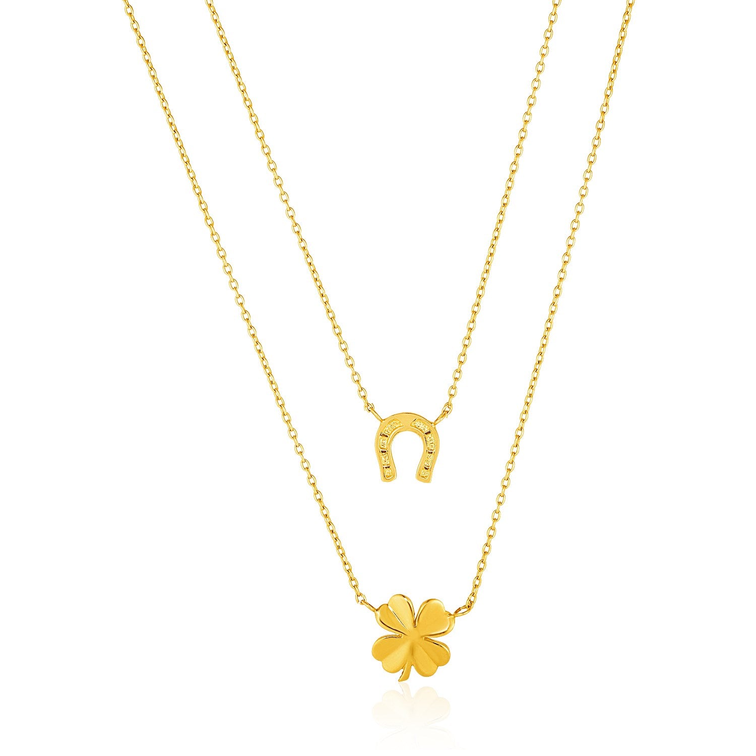14k Yellow Gold Double-Strand Chain Necklace with Four-Leaf Clover and Horseshoe