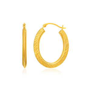 10k Yellow Gold Oval Line Texture Hoop Earrings