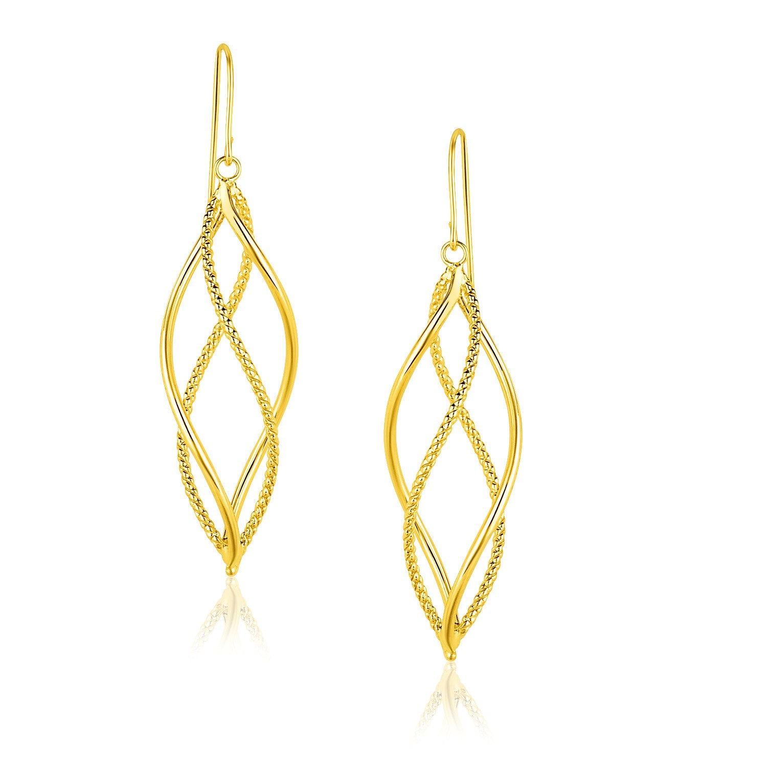 14k Yellow Gold Spiral Style Double Row Dangling Earrings