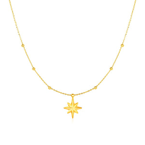 14k Yellow Gold Necklace with Eight Pointed Star and Beads