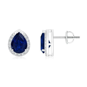 Pear CEYLON BLUE SAPPHIRE round diamond stud earring white gold 14k